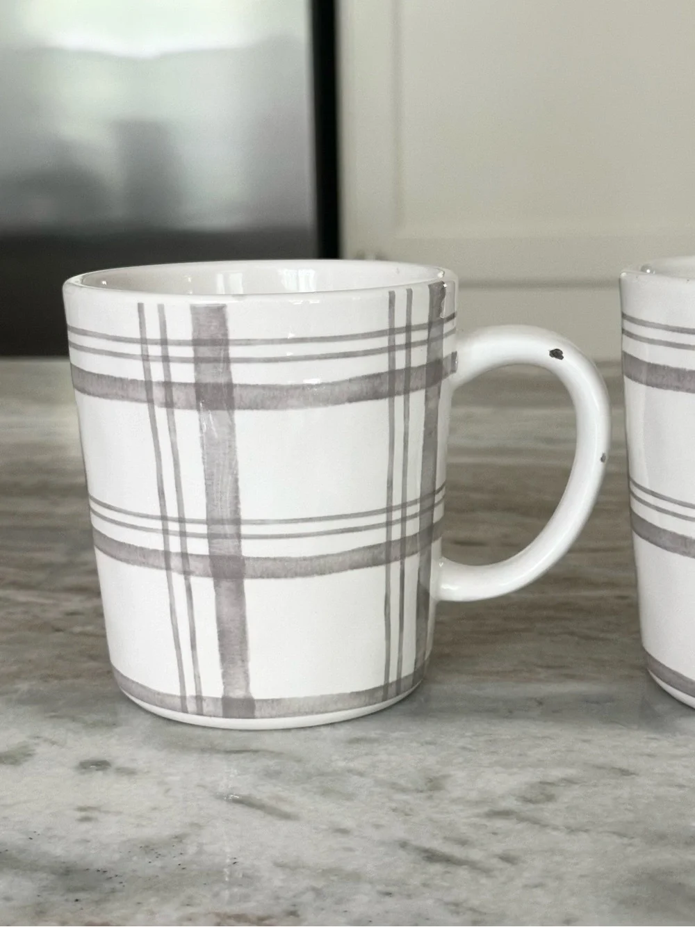 Set of 2 Fall Grey & White Plaid Pier 1 China Mugs